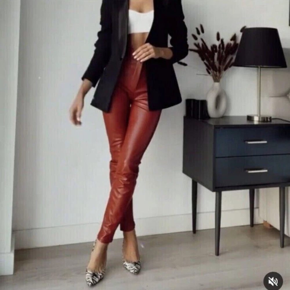 Zara Rust Brown Faux Leather Straight-Leg Pants